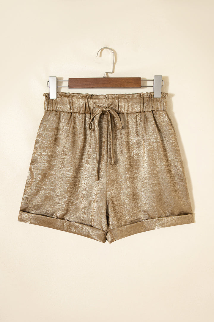 Gold Metallic Luster Tie Elastic Waist Cuffed Hem Shorts