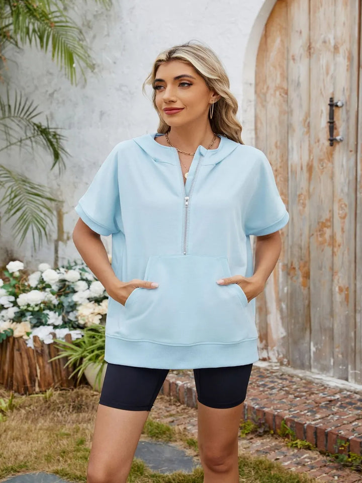 Half Zip Short Sleeve Hooded Top