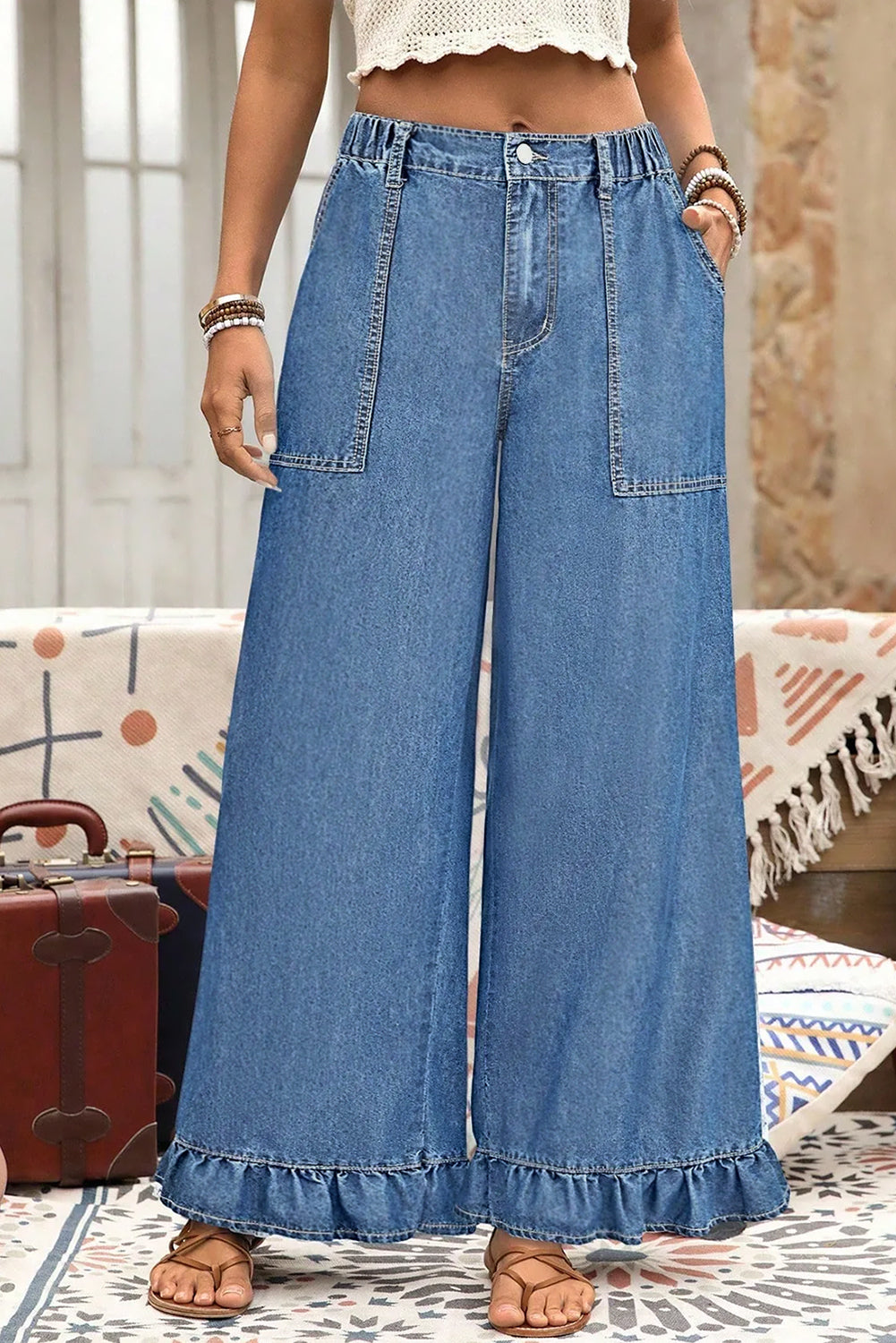 Ashleigh Blue Plus Size Elastic Waist Ruffled Wide Leg Denim Pants