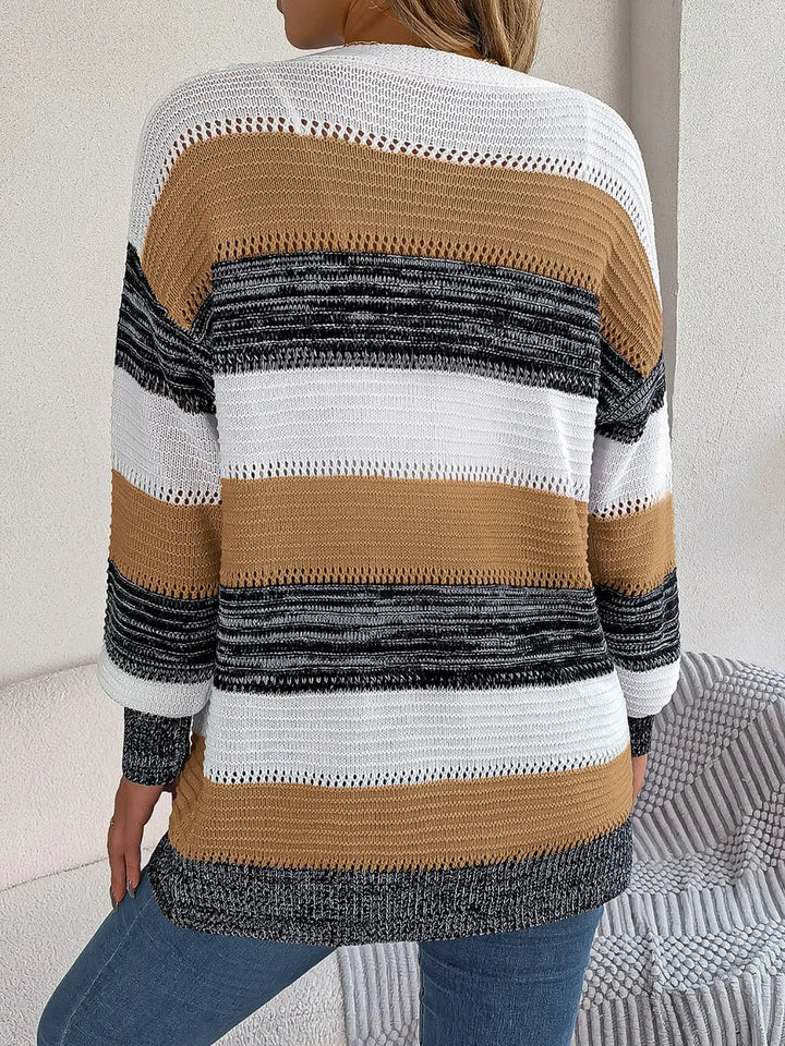Openwork Striped Open Front Cardigan