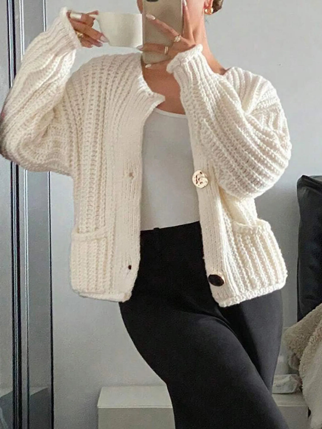 Button-Front Knit Cardigan with Pockets
