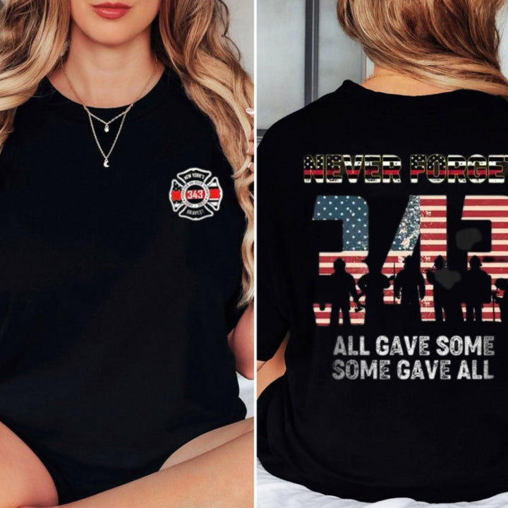 "Never Forget 343" Firefighter T-Shirt - 9/11 Memorial American Flag Tribute Tee, Honoring Heroes Apparel