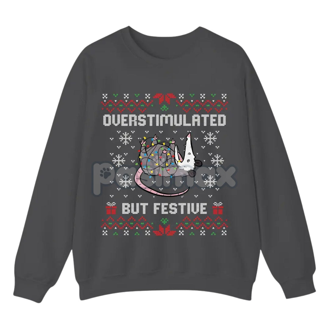 Funny Opossum Christmas Sweatshirt – "Overstimulated But Festive" Ugly Holiday Top