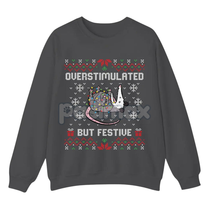 Funny Opossum Christmas Sweatshirt – "Overstimulated But Festive" Ugly Holiday Top