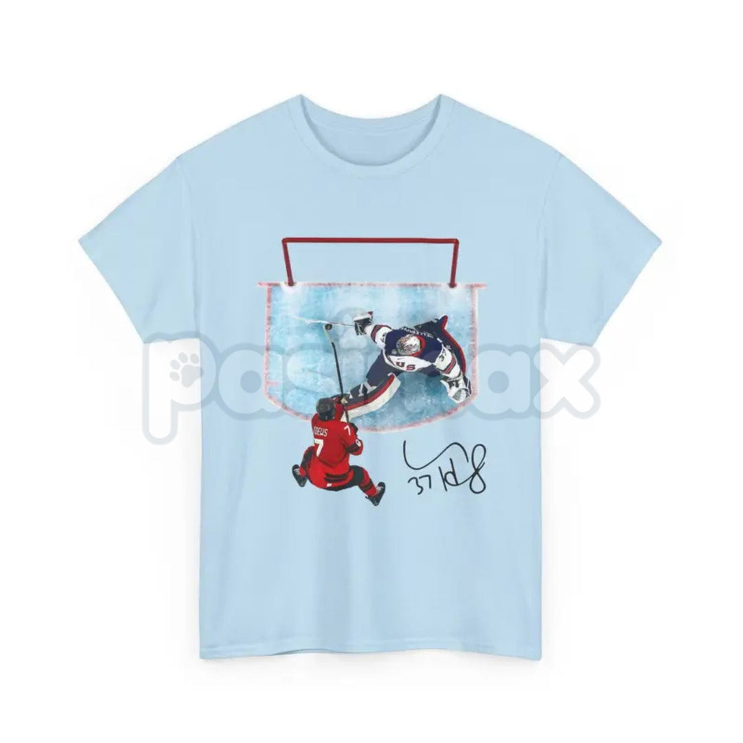 Hellebuyck "The Great Wall" Save T-Shirt - USA Ice Hockey Graphic Tee, Premium 100% Cotton Goaltender Fan Top, American Hockey Legend Streetwear, Pro-Level Save Sequence Apparel, Unique Gift for Hockey Fans & Goalies
