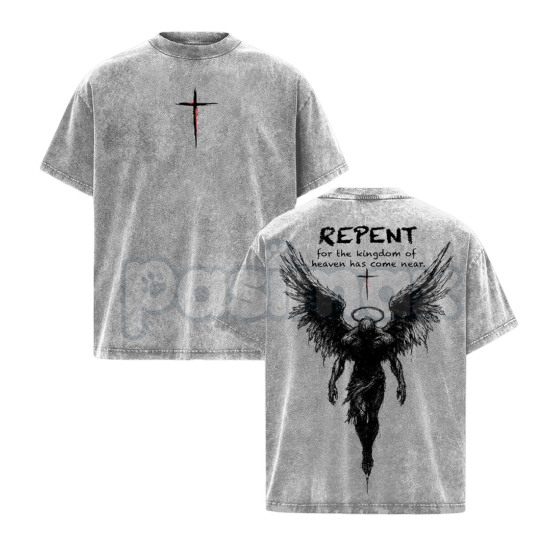 The Kingdom Mandate: Repent Vintage Washed Tee – Heavy Cotton Christian Streetwear, Gospel Angel Wings Shirt