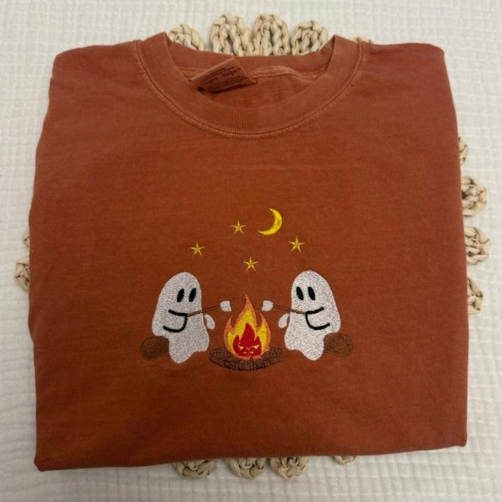 Haunted Campsite Embroidered Comfort Colors T-Shirt – Unique Halloween Ghost Tee