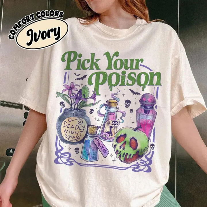 'Pick Your Poison' Vintage Disney Villain Tee – Halloween Potion Shirt, Wicked Humor Top, Spooky Retro Apparel