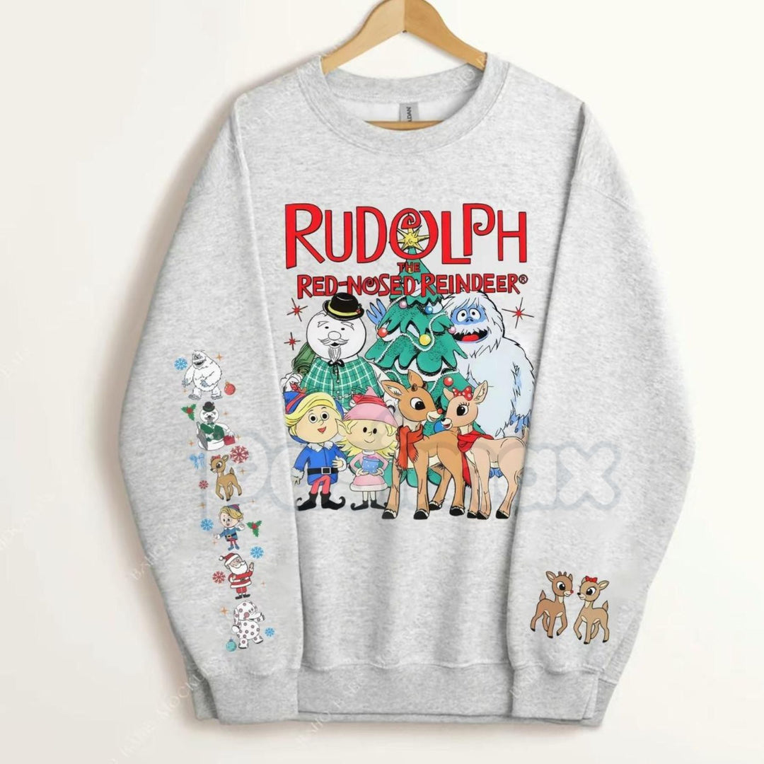 Rudolph Red Nosed Reindeer Sweatshirt with Sleeve Design | Nostalgic Christmas Jumper | Holiday Detail Crewneck