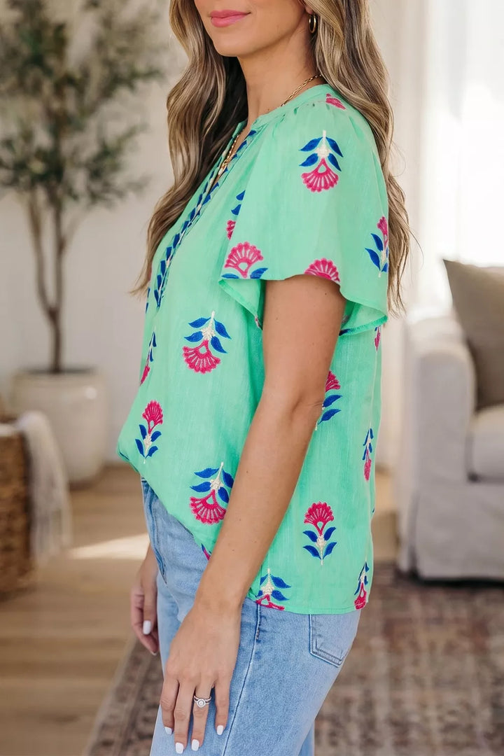Floral V Neck Flutter Sleeve Blouse