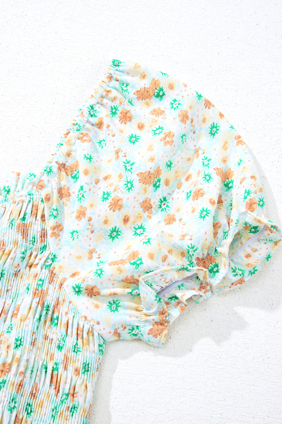 Green Floral Short Bubble Sleeve Shirred High Waist Maxi Dress
