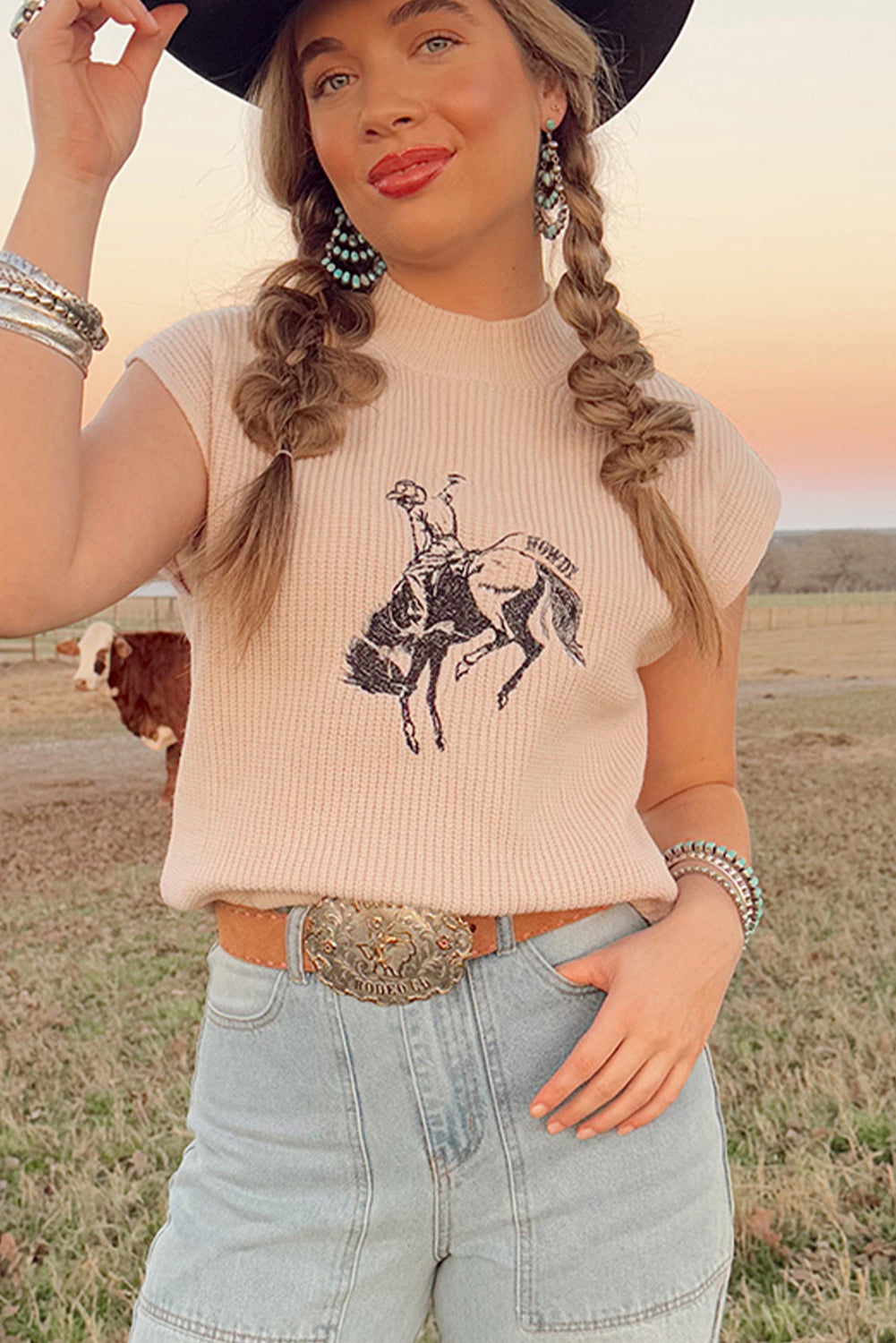 Oatmeal HOWDY Rodeo Cowboy Graphic High Neck Short Sleeve Sweater