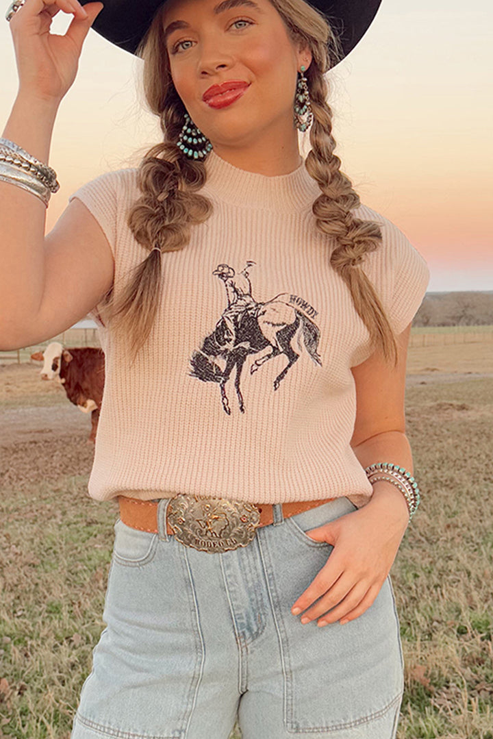 Oatmeal HOWDY Rodeo Cowboy Graphic High Neck Short Sleeve Sweater