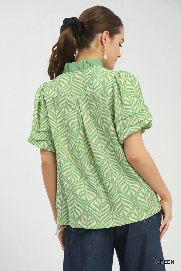 Umgee Printed Puff Sleeve Ruffle Neck Top