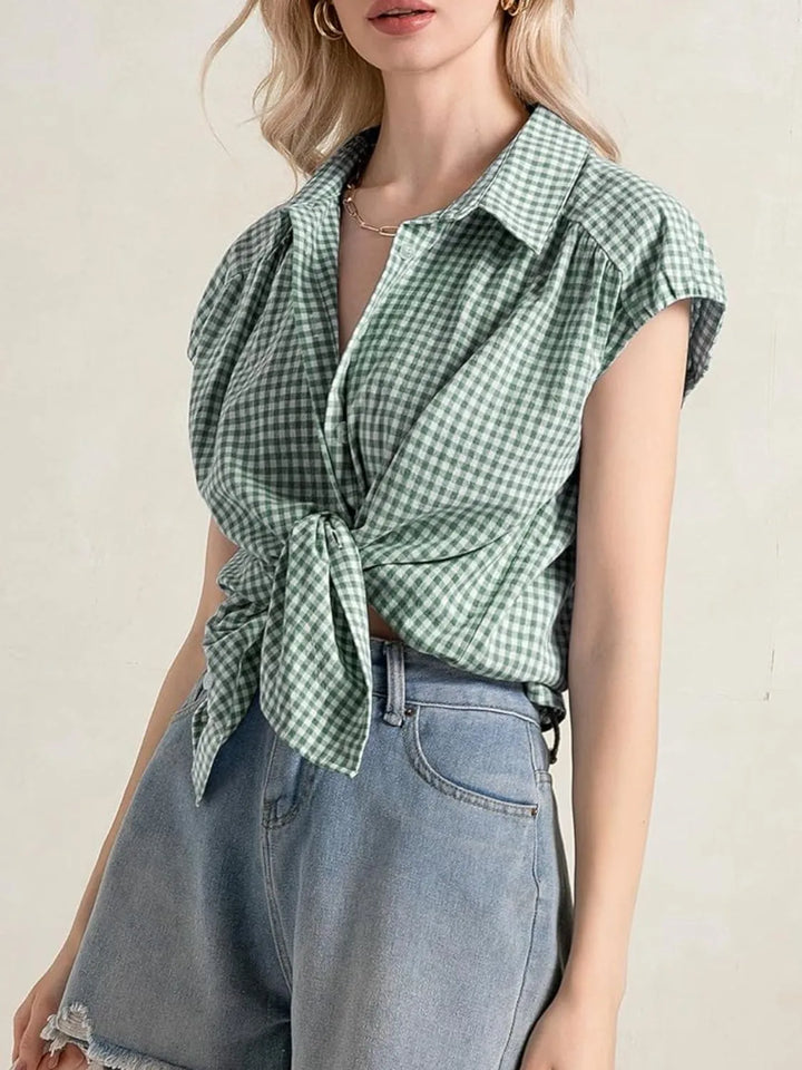 Plaid Button Up Cap Sleeve Shirt