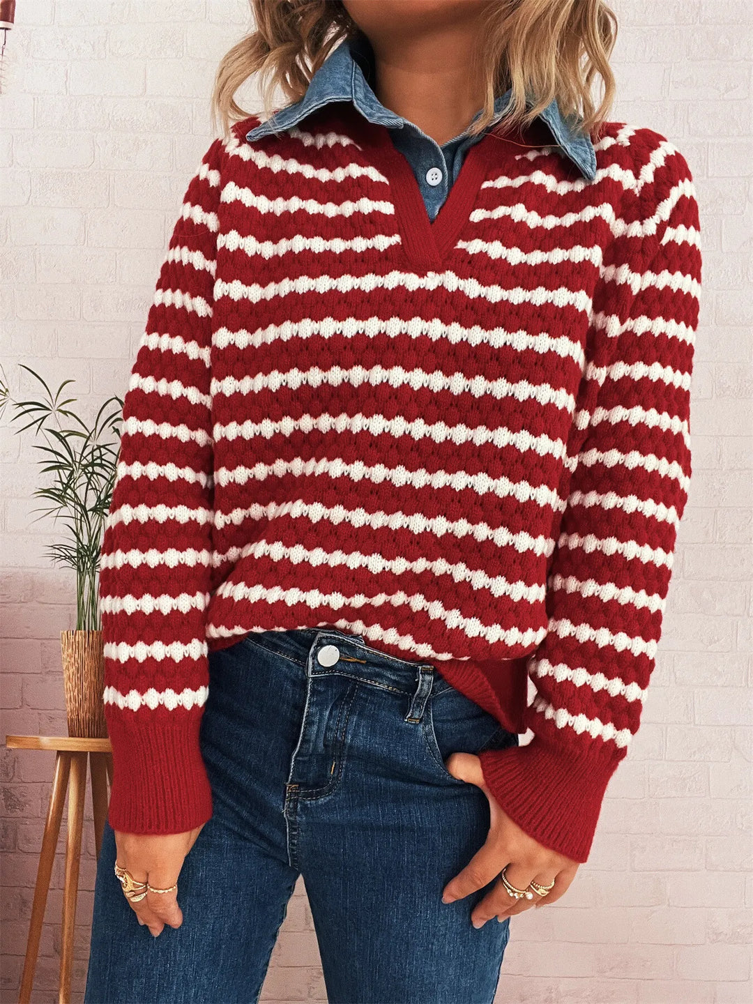Contrast Striped Sweater with Denim Collar