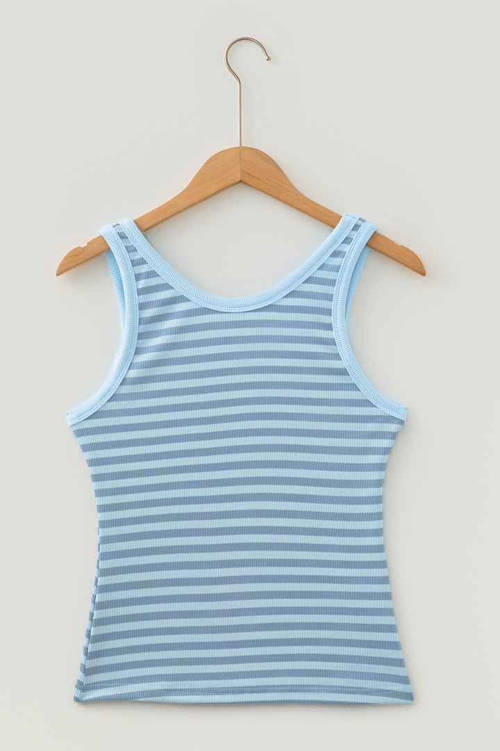 Sky Blue Stripe Ribbed Knit Slim Tank Top