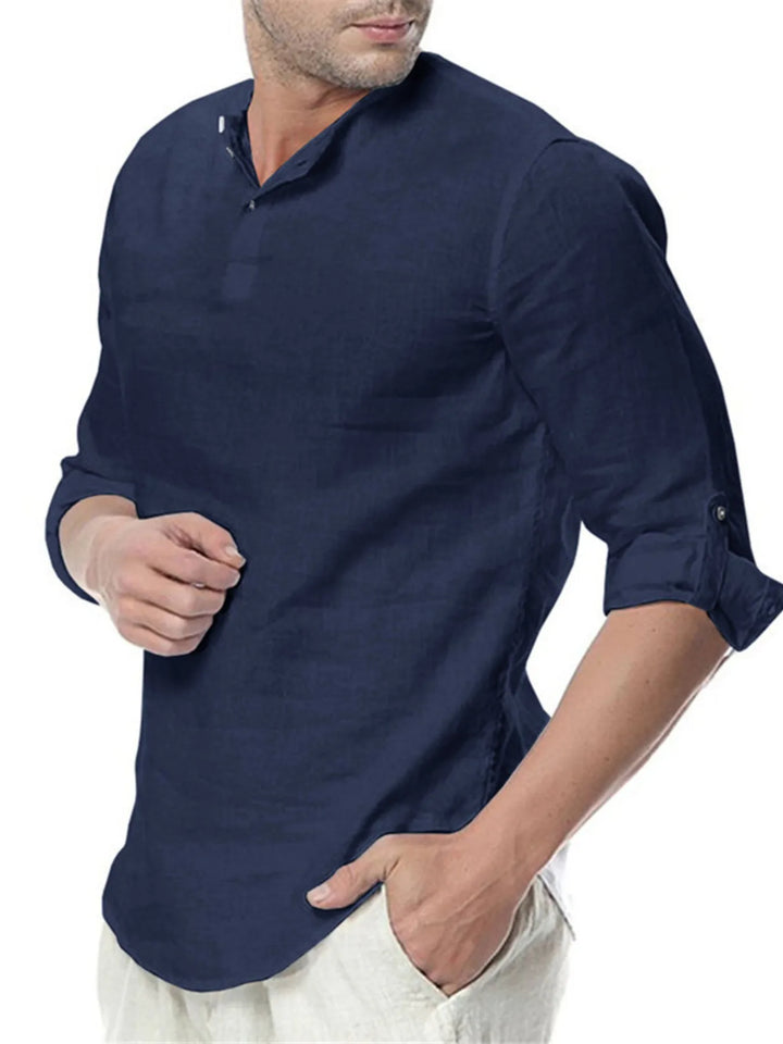 Men's Plus Size Solid Color Roll-Up Sleeves Blouse
