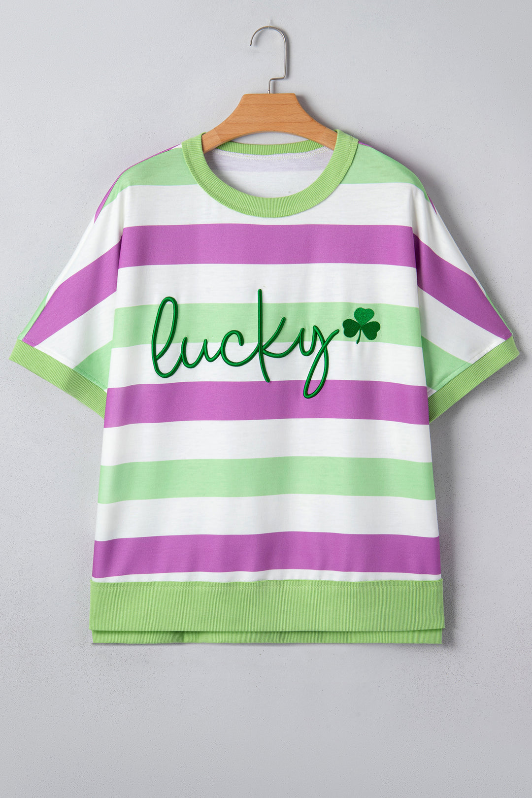 Green Stripe Lucky Clover Embroidered Graphic Dolman Loose Tee