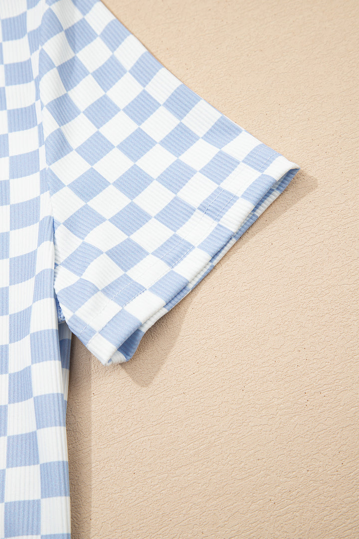 Sky Blue Checkered Ribbed Slim Fit Crew Neck T Shirt