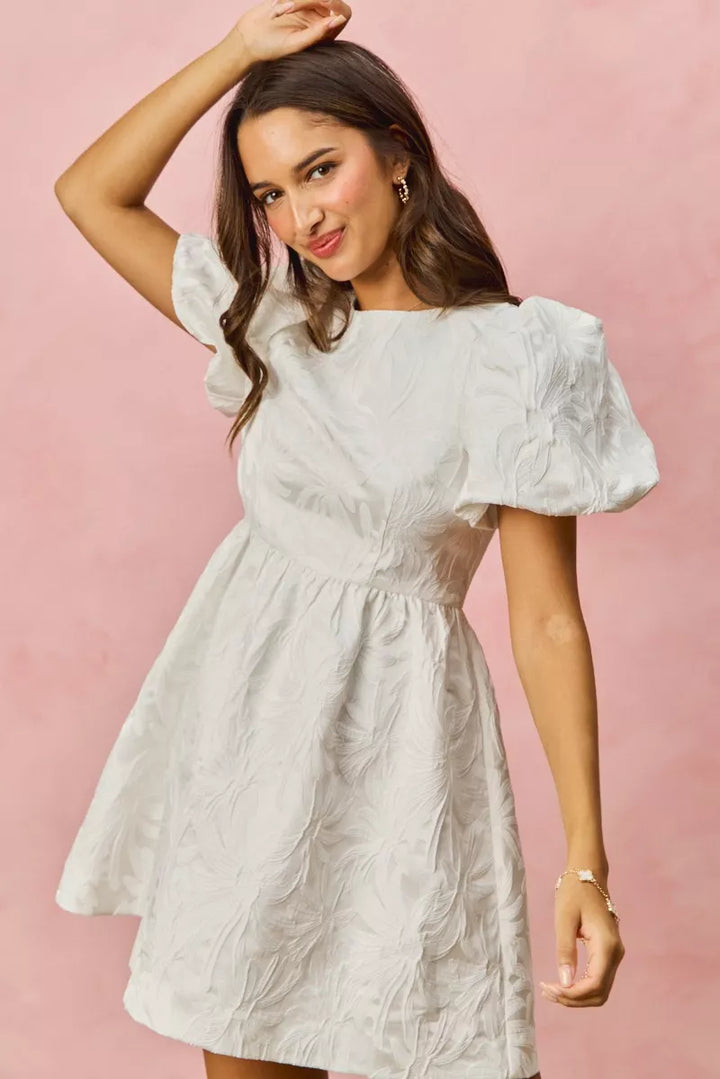 SO ME Floral Jacquard Bubble Shorts Sleeves Mini Dress