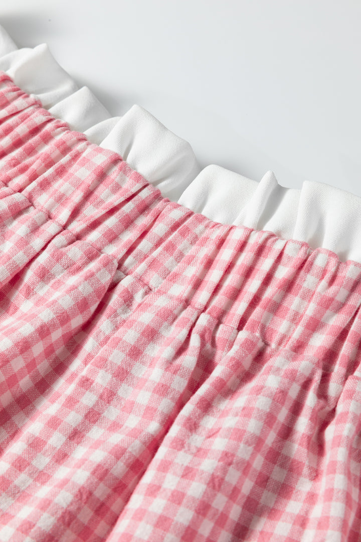 Pink Contrast Trim Plaid Print Plus Size Shorts