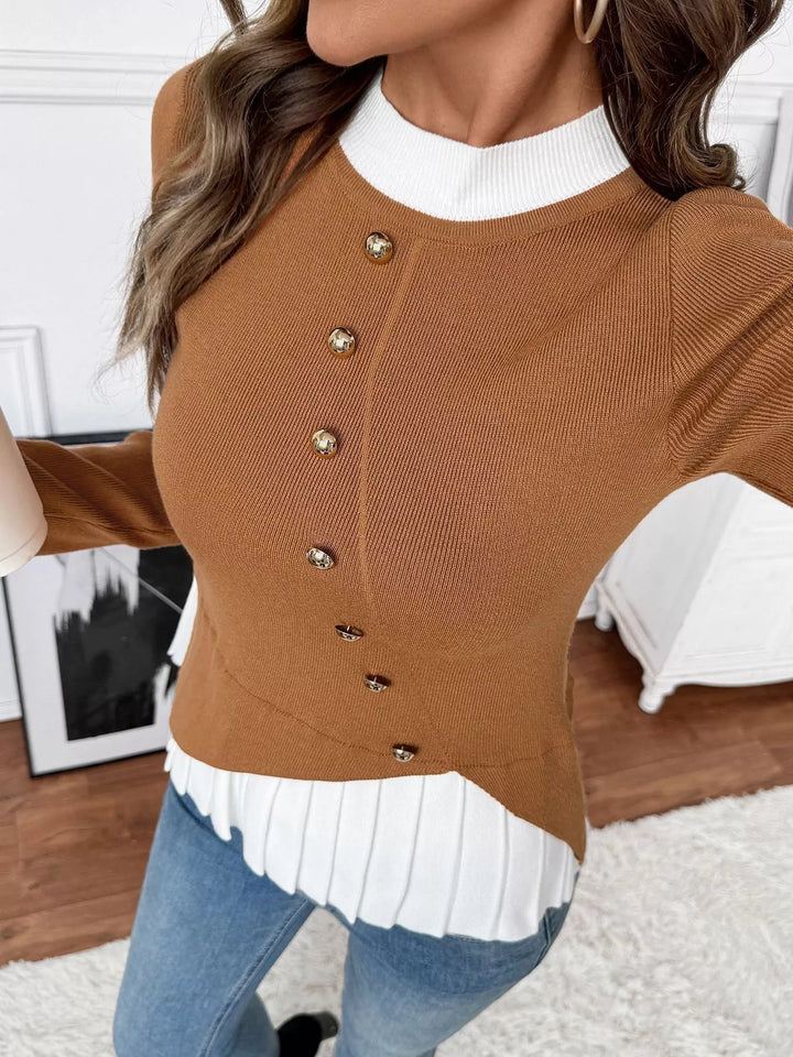 Decor Button Contrast Hem Knit Top