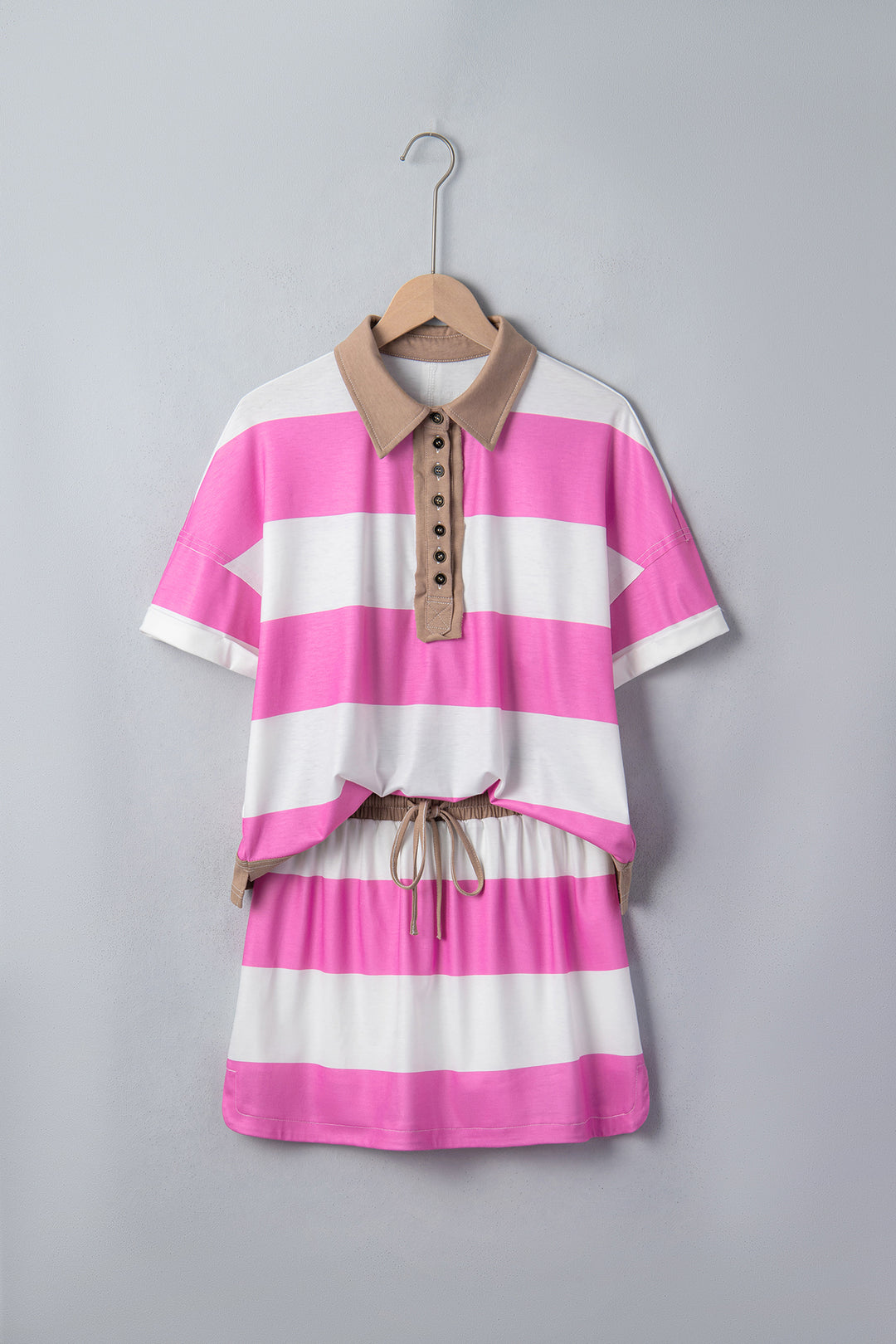 Rose Stripe Colorblock Trim Polo Tee Drawstring Mini Skirt 2pcs Set