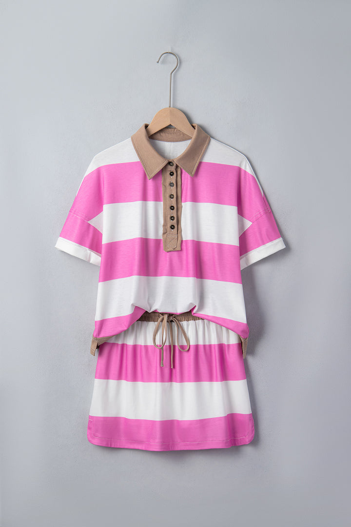 Rose Stripe Colorblock Trim Polo Tee Drawstring Mini Skirt 2pcs Set