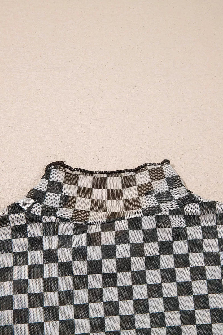 Plaid Stand Neck Long Sleeve Mesh Top