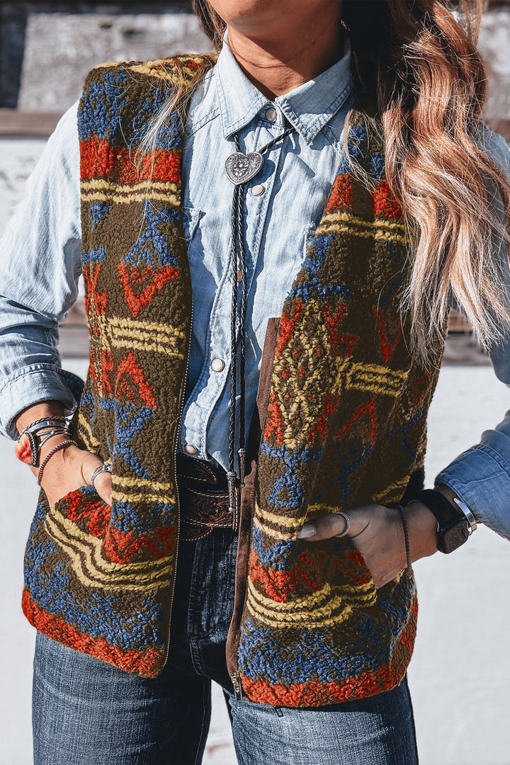 Multicolour Western Print Faux Fur Metal Zipper Insert Pockets Sleeveless Vest