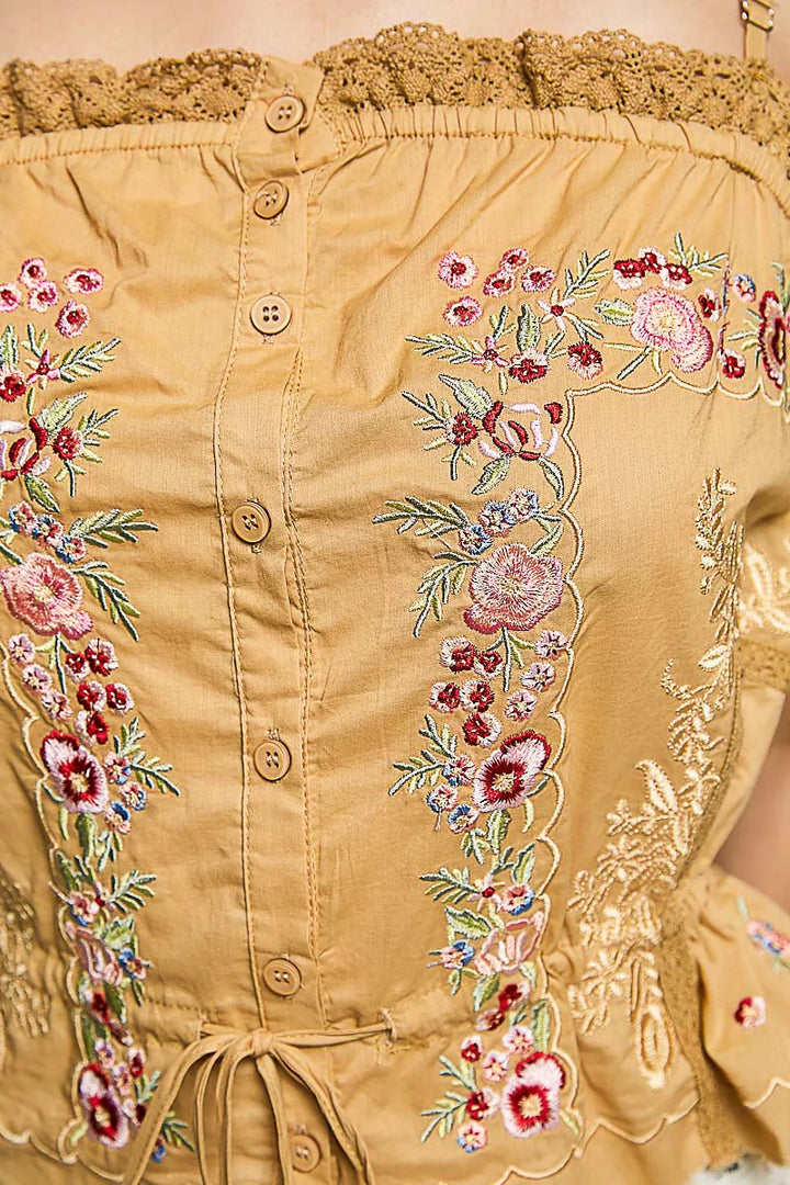 POL Button Down Floral Embroidered Cropped Cami with Lace Detail