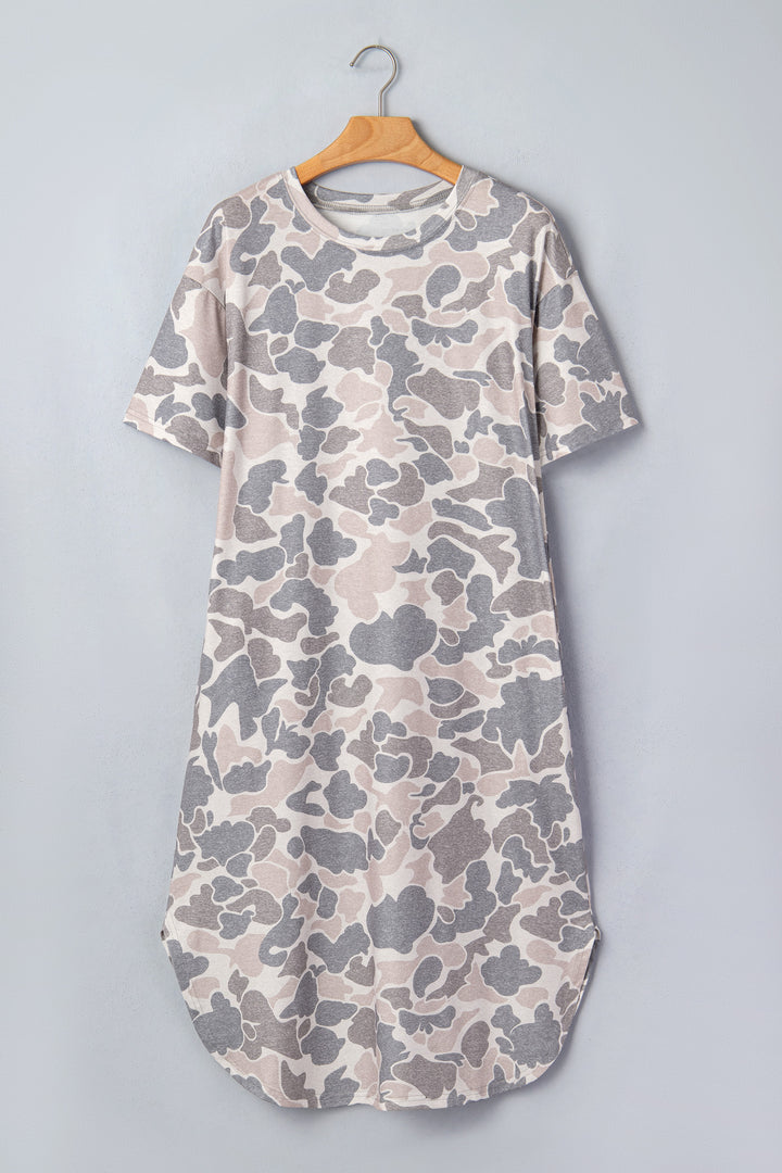 Multicolour Camouflage Print Short Sleeve Drop Shoulder Side Slit Casual Dress