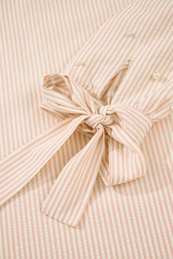 Pink Stripe Bow Knot Cuff Pearl Embellished Puff Sleeve V Neck Blouse
