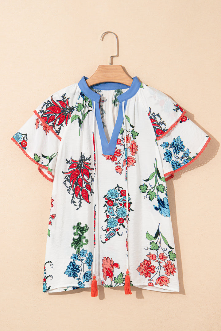 White Floral Print Contrast V Neck Tassel Tie Lace Detail Short Sleeve Blouse
