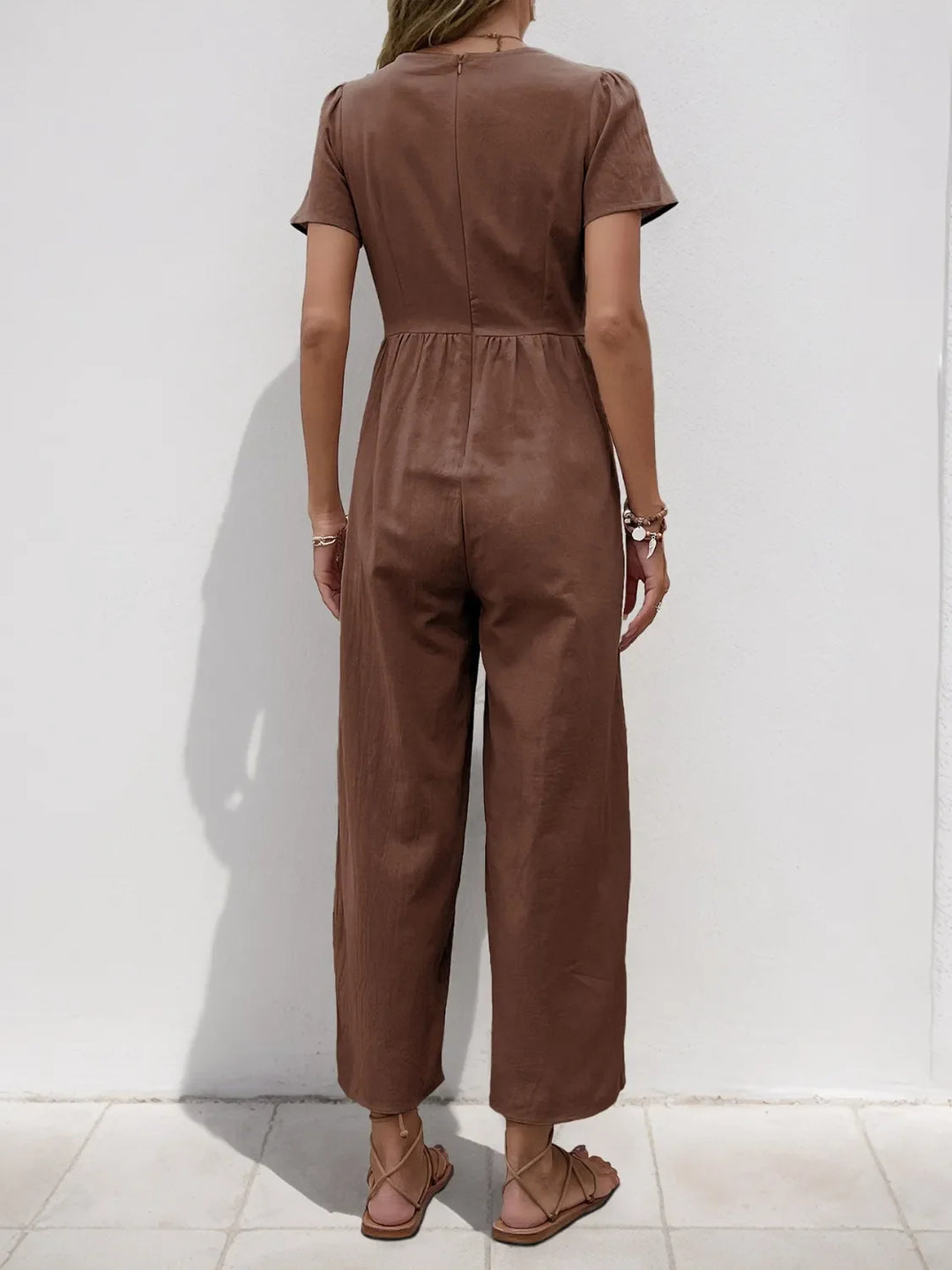 V-Neck Short Sleeve Wide Leg Jumpsuit