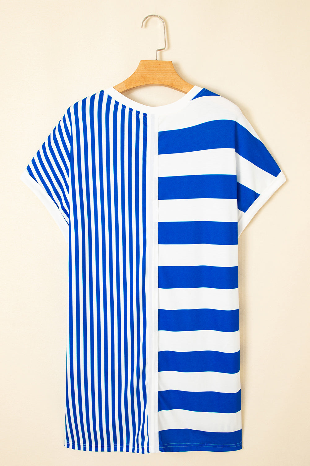 Blue Stripe Mixed Printed Short Sleeve Shift Mini T Shirt Dress