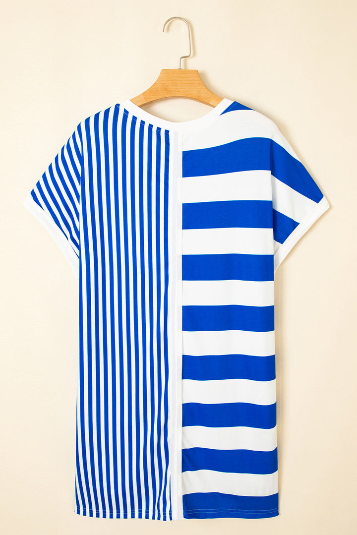 Blue Stripe Mixed Printed Short Sleeve Shift Mini T Shirt Dress