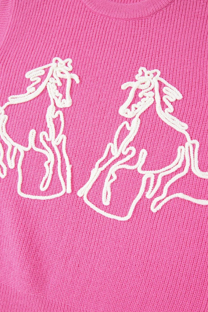 Western Horse Embroidered Round Neck Sweater