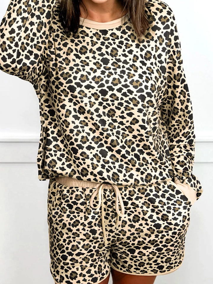 Leopard Print Contrast Trim Long Sleeve Pullover and Drawstring Shorts 2pcs Outfit