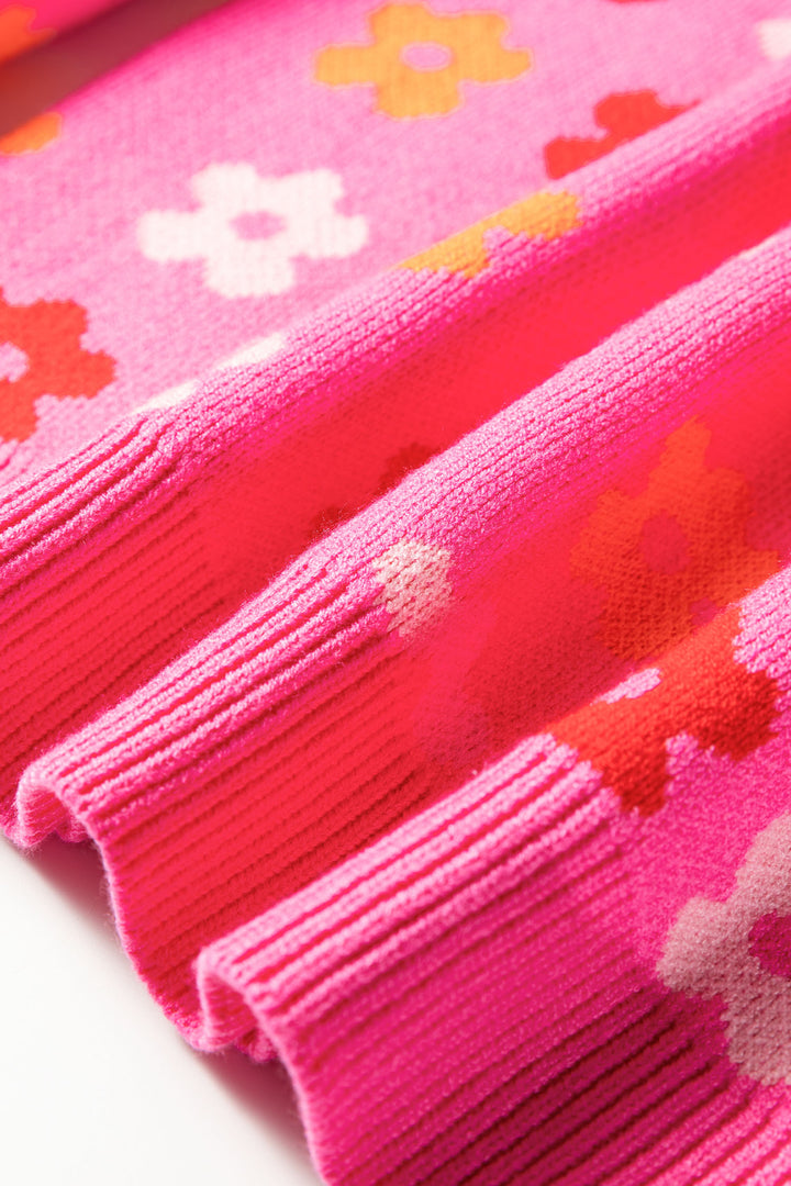 Rose Cute Flower Allover Ribbed Trimmed Drop Shoulder Pullover Sweater