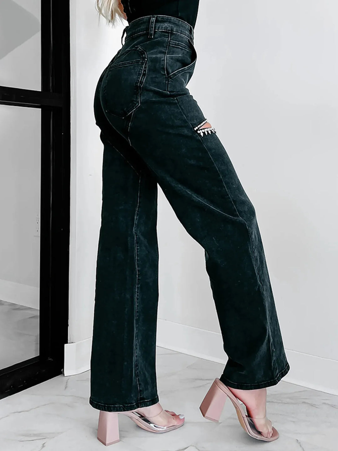 Ripped Wide Leg Wash Denim Jeans