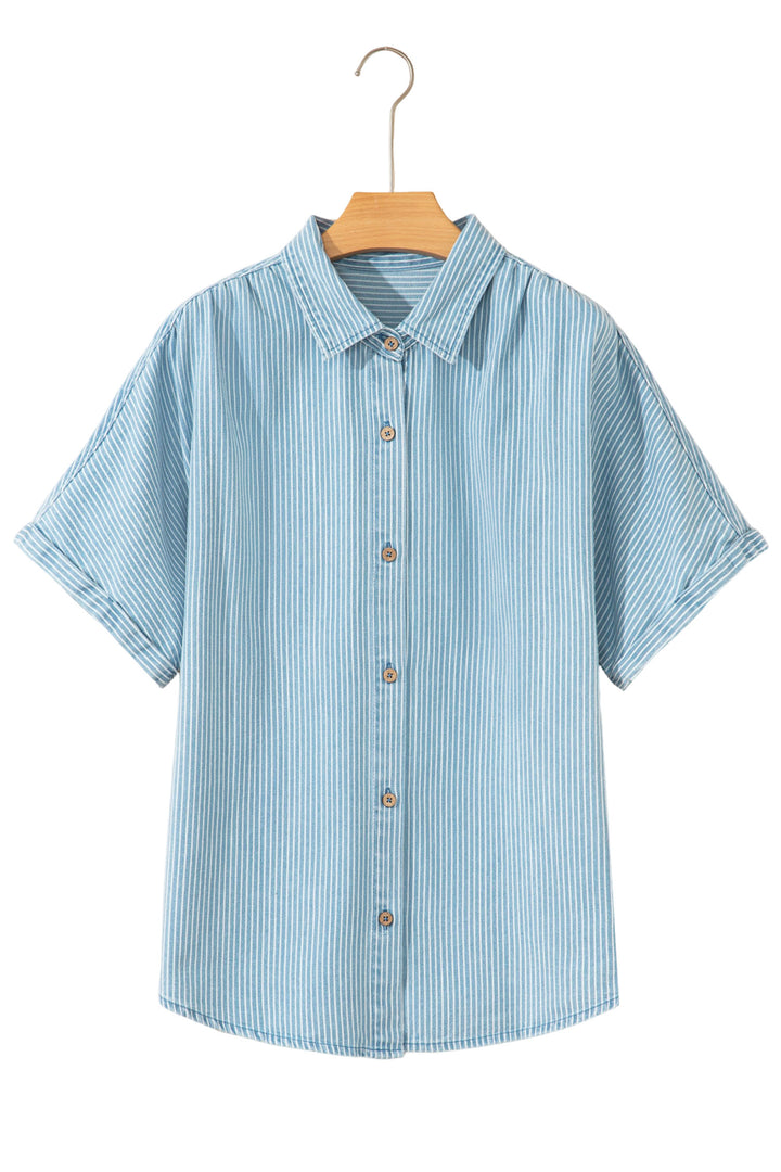Sky Blue Stripe Cuffed Short Sleeve Button up Loose Shirt