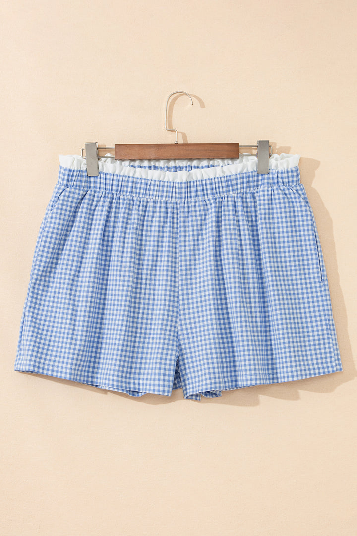 Sky Blue Contrast Trim Plaid Print Plus Size Shorts