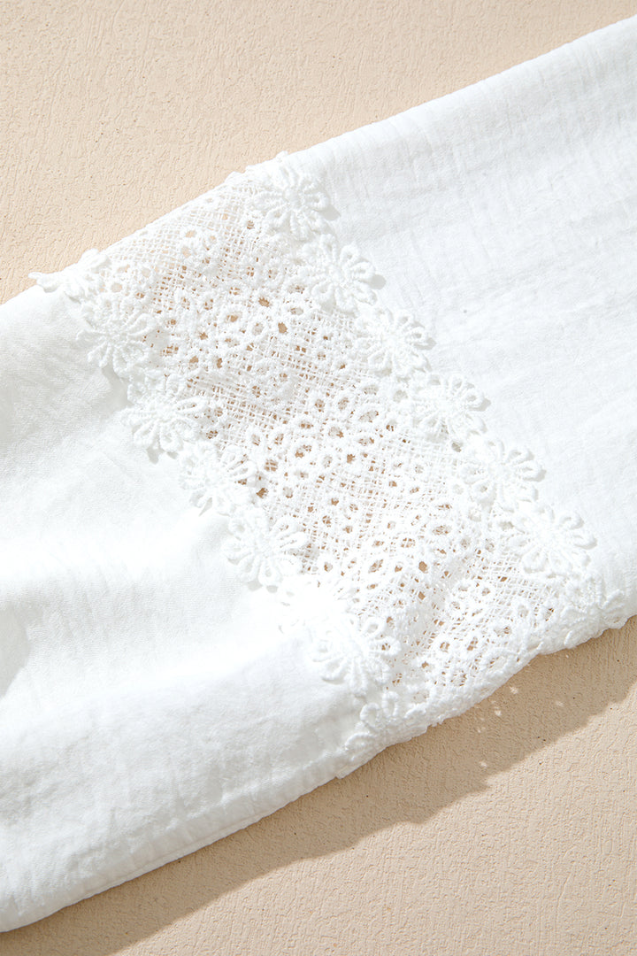 White Solid Color Floral Guipure Lace Patchwork Frilled Long Sleeve Blouse