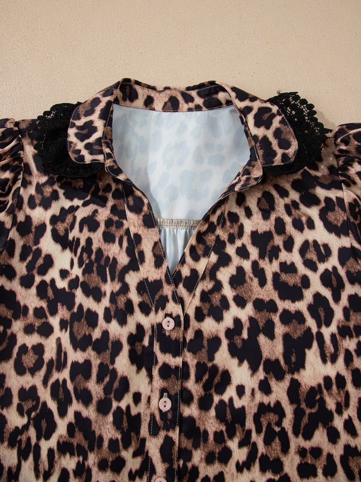 Leopard Print Lace Trim Short Sleeve Shirt