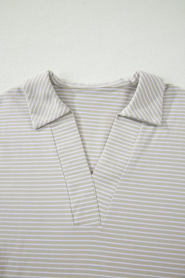 Khaki Stripe Dolman Sleeve Polo Shirt and Drawstring Shorts Set