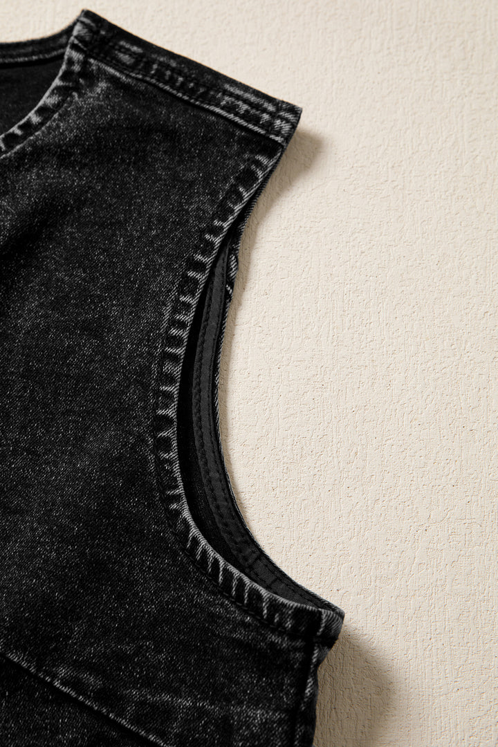 Black Buttoned Front Slit Denim Vest