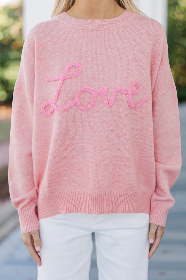 Pink Corded Love Script Graphic Baggy Sweater