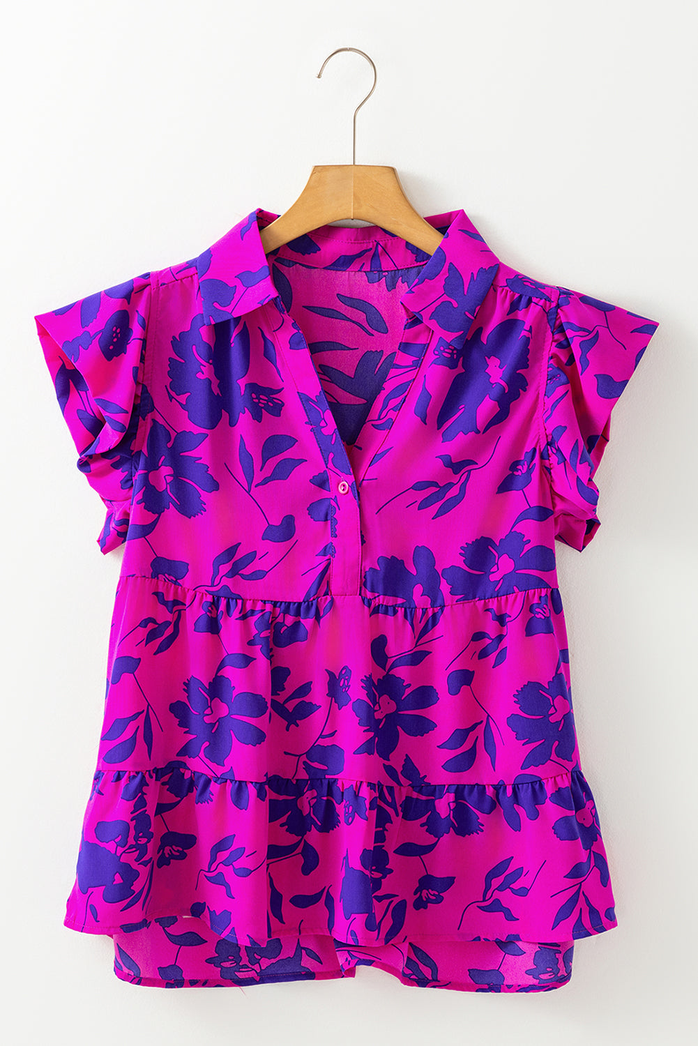 Chemisier à imprimé floral rose, col boutonné, manches flottantes